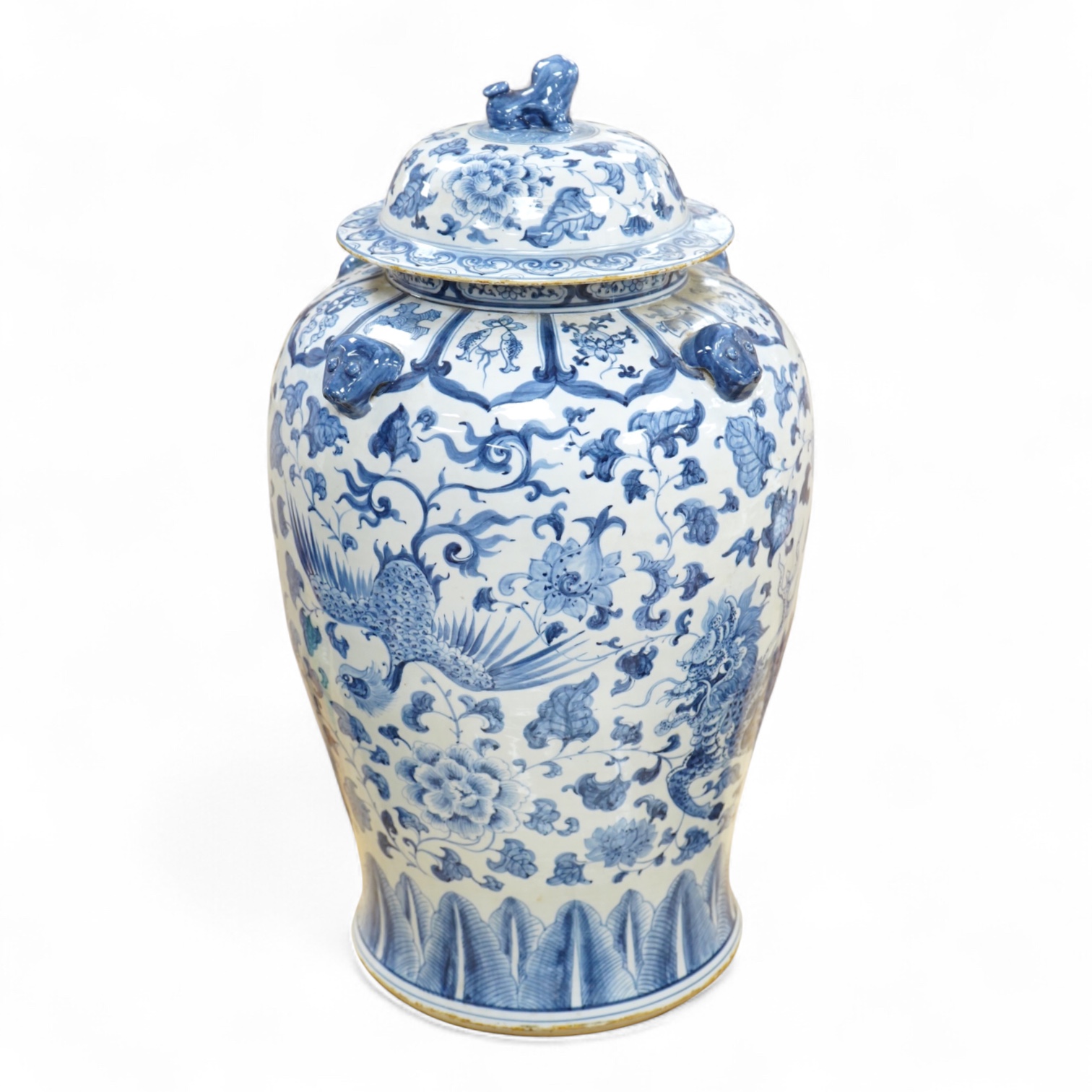 A large Chinese blue and white baluster vase and cover, 62cm high